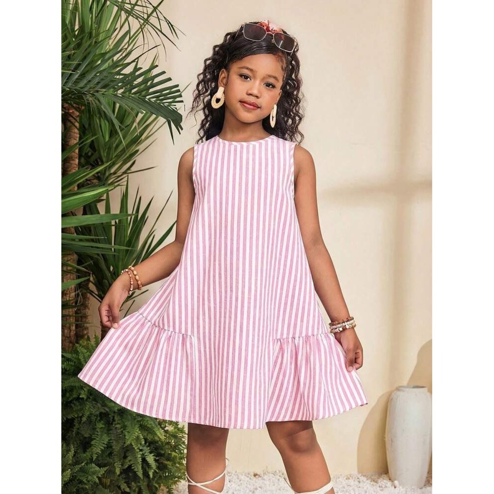 Shein Girls Size 11Y Casual Dress White Pink Stripes Sleeveless Crewneck Keyhole
